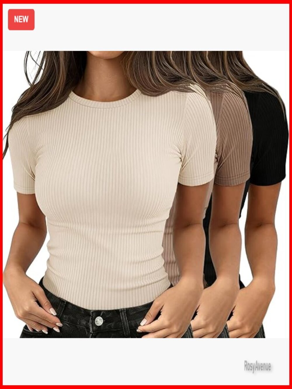 3 Pack Slim Fit Ribbed T-Shirts Short Sleeve Crew Neck Basic Tees